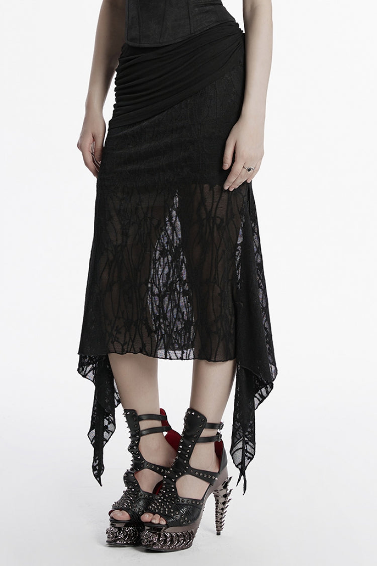 Black Irregular Mesh Ruched Women's Punk Fishtail Skirt