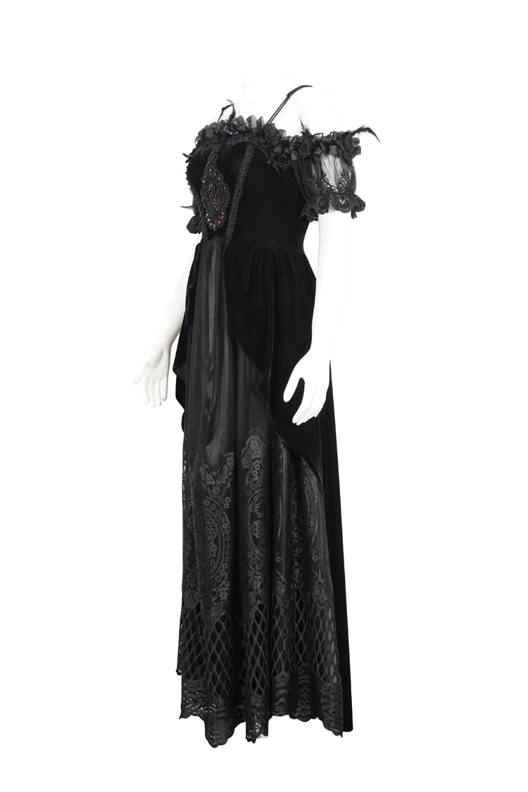 Black Off Shoulder High Waisted Print Lace Women's Gothic Dress