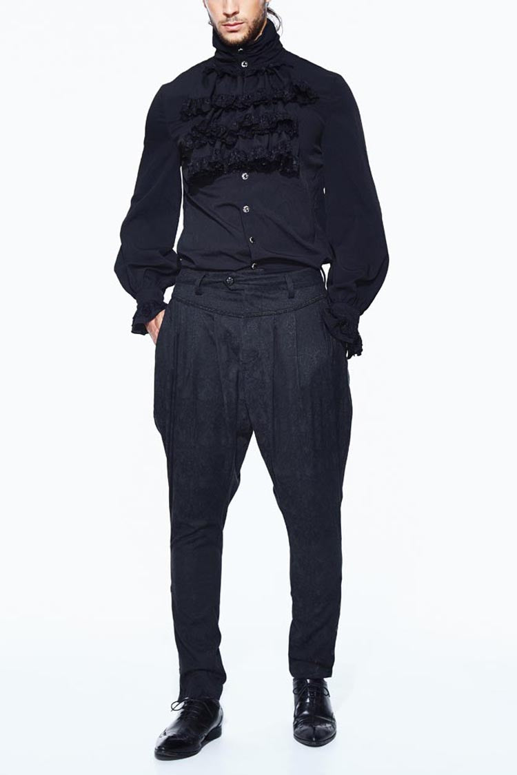 Black Oversize Jacquard Pattern Ribbons Snap Fastener Men's Gothic Pants