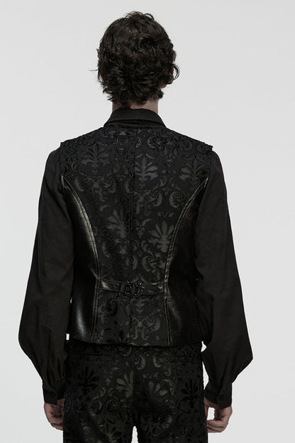 Black Long Sleeves V Collar Floral Embroidery Men's Gothic Vest
