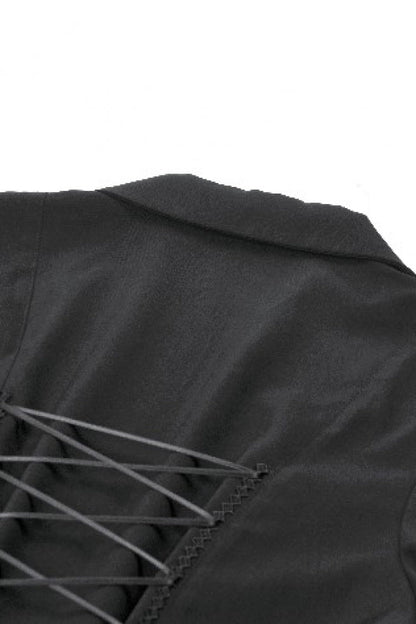 Black Multi-Layered Deep V Collar Pleated Short Puff Sleeves Lace-Up Gothic Blouse