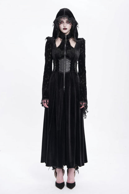 Black Long Sleeves Hollow Embroidery Hooded Ripped Women's Gothic Dress Coat