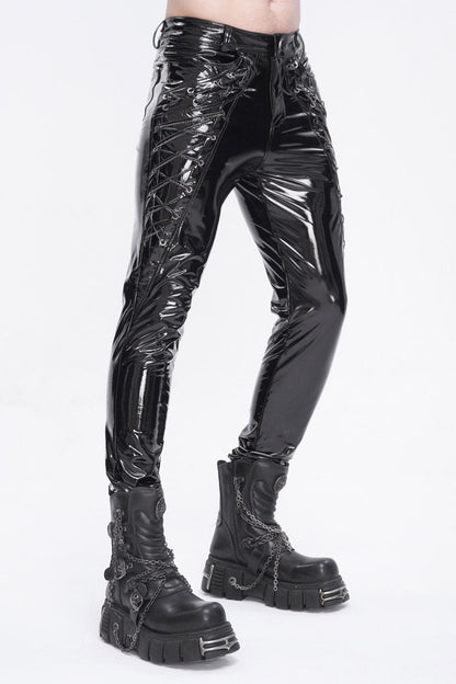 Black Lace Up Patent Leather Men's Punk Pants