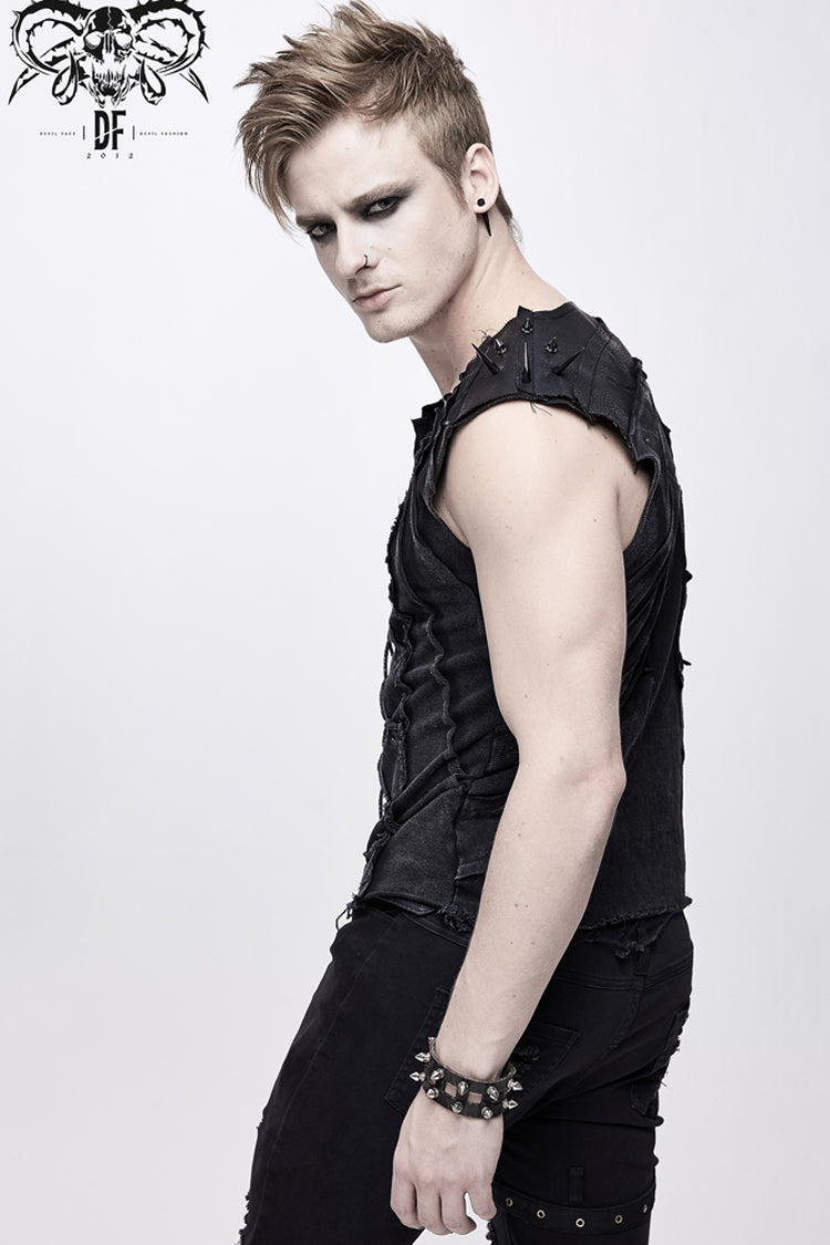 Black Patchwork Unedged Coarse Grain Leather Long Pointed Nails Distressed Men's Punk Vest