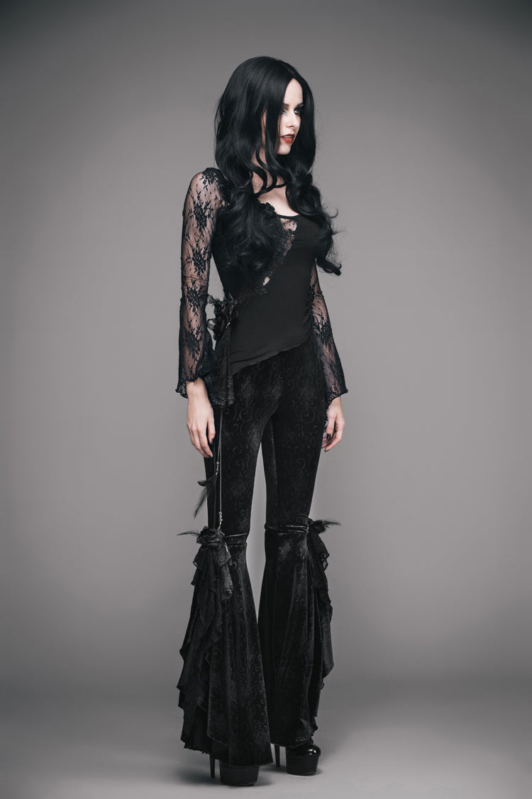 Black Front Chest Rose Decoration Flare Sleeve Irregular Lace Hem Knit Women's Gothic T-Shirt