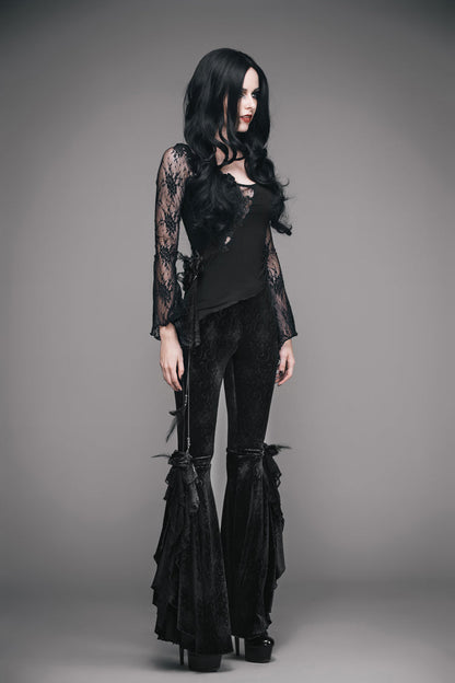 Black Front Chest Rose Decoration Flare Sleeve Irregular Lace Hem Knit Women's Gothic T-Shirt
