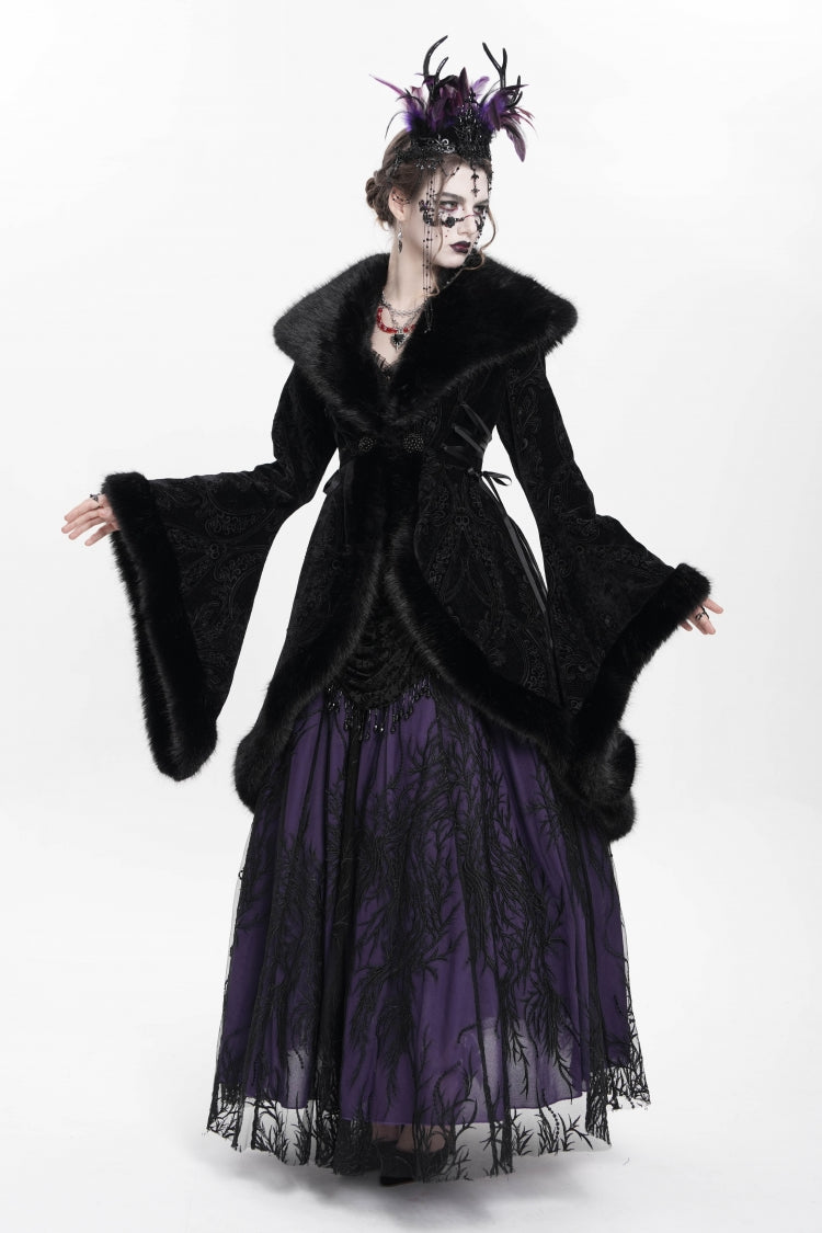Black Long Sleeves Floral Embroidery Women's Gothic Fluffy Coat