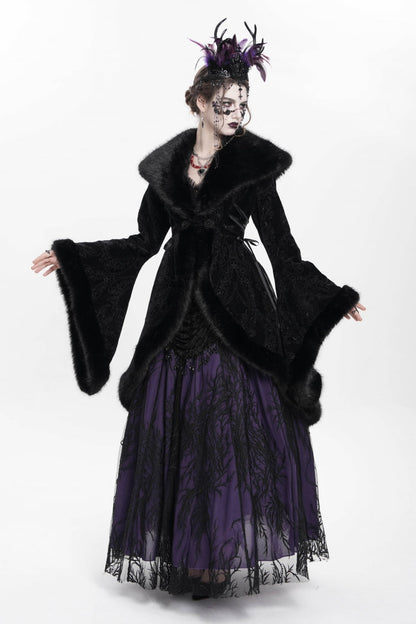 Black Long Sleeves Floral Embroidery Women's Gothic Fluffy Coat