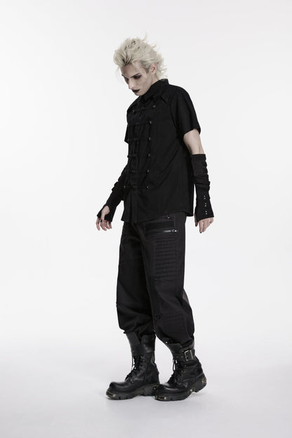 Black Lapel Collar Short Sleeves Studded Men's Punk Skull Handsome Cool Shirt