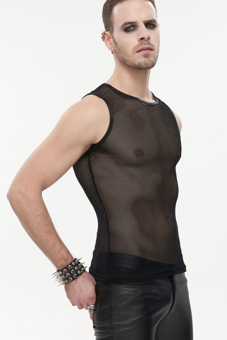 Black Gothic Elasticity Perspective Rhombus Net Yarn Sleeveles Men's T-Shirt