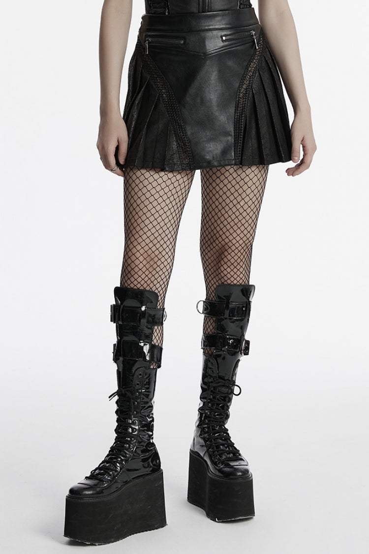 Black Faux Leather Pleated Stitching Women's Punk Skirt