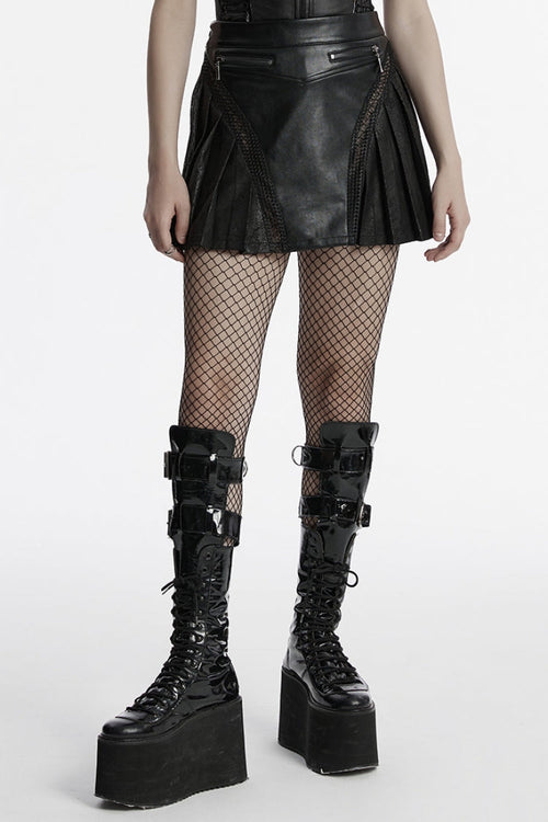 Black Faux Leather Pleated Stitching Women's Punk Skirt