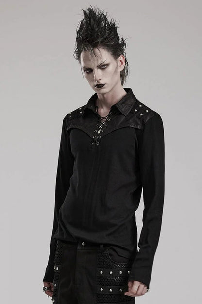 Black Lapel Collar Long Sleeves Stitching Mens Steampunk T-Shirt