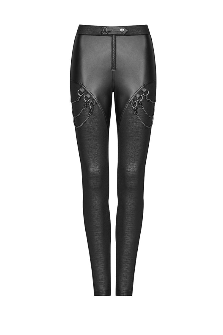 Black Crack Velvet Splice Knit PU Leather Metal Buckle Connect Chain Women's Punk Leggings