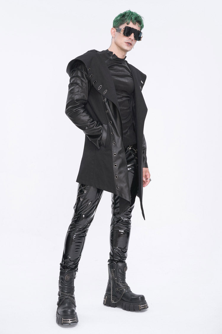 Black Irregular Eyelet Men's Gothic Jacket With Hood