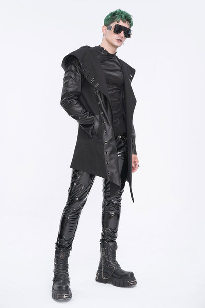 Black Irregular Eyelet Men's Gothic Jacket With Hood