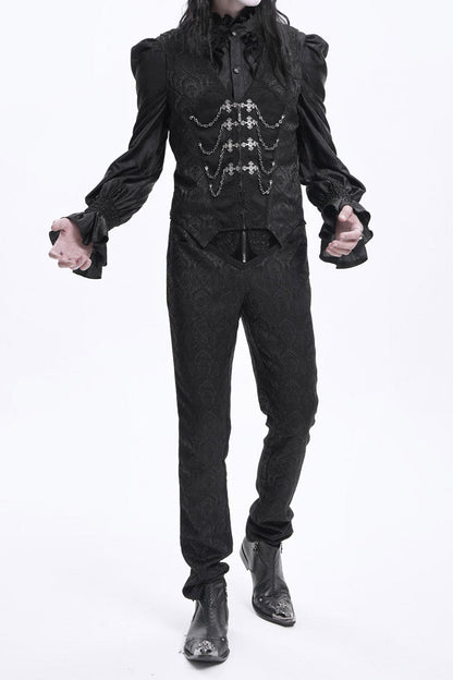 Black Floral Print Embroidery Branded Zip Men's Gothic Pants
