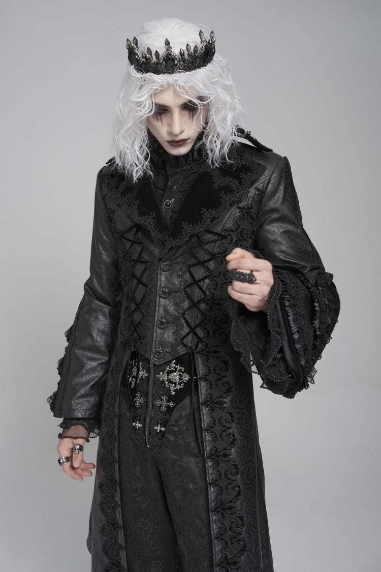 Black Long Trumpet Sleeves Floral Crochet Embroidery Lace-Up Men's Gothic Coat