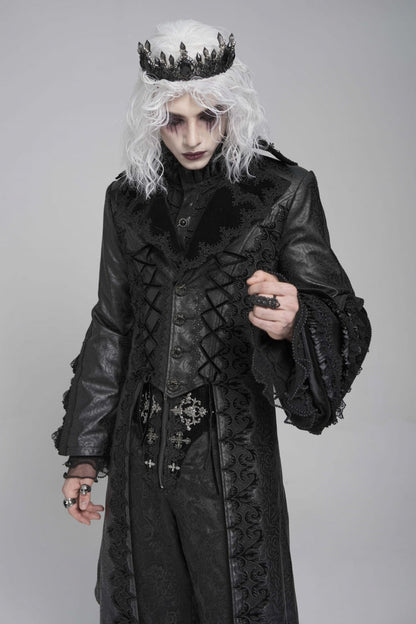 Black Long Trumpet Sleeves Floral Crochet Embroidery Lace-Up Men's Gothic Coat