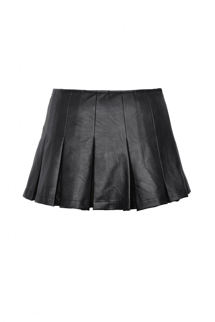 Black Low Waisted Buckle-Up Women's Punk PU Leather Pleated Mini Skirt