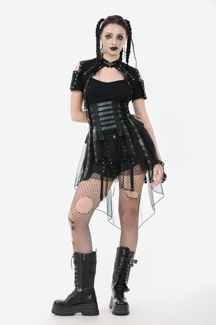 Black High Waisted Lace-Up High/low Mesh Women's Punk Skirt