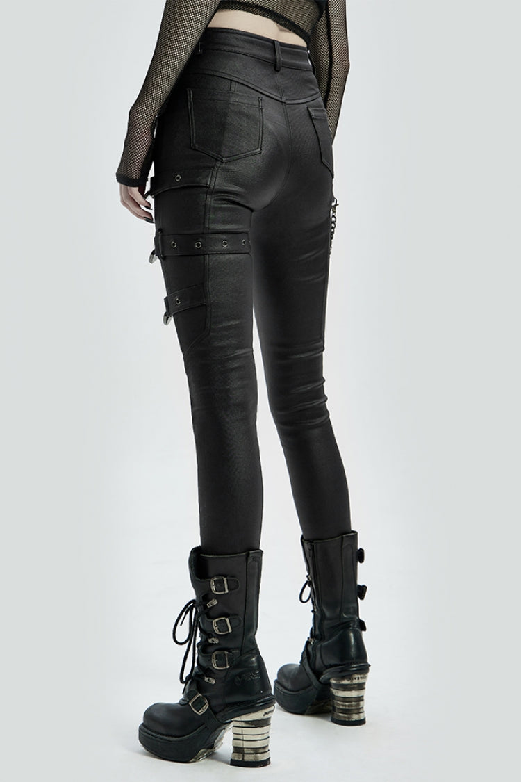 Black Faux Leather Metal Love Lock Buckles Women's Steampunk Pants