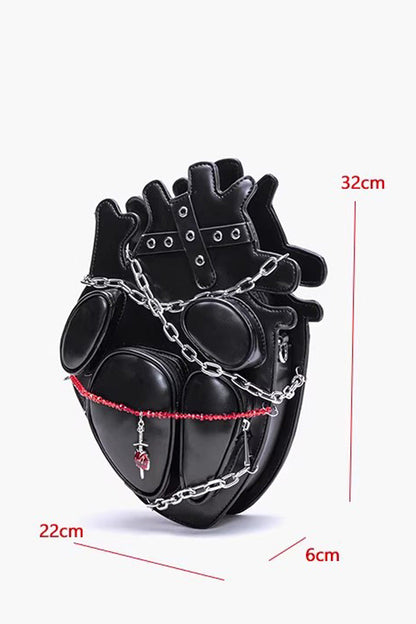 Black Creative Heart Chain-Decorated Gothic Lolita Backpack with Binding Straps and Chain