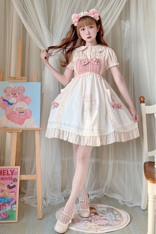 Beige Ruffled Bow Cute Bear Print High Waisted Sweet Lolita JSK Dress