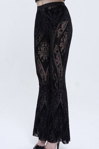 Black Flocked Printed Fabric Elastic Jacquard Elastic at Waist Flared Women's Punk Pants