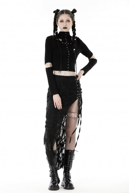 Black Lace-Up Ripped Women's Punk Split Long Skirt