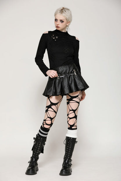 Black Long Sleeves Cut-Out Ripped Zippered Eyelets Women's Punk Distressed Top
