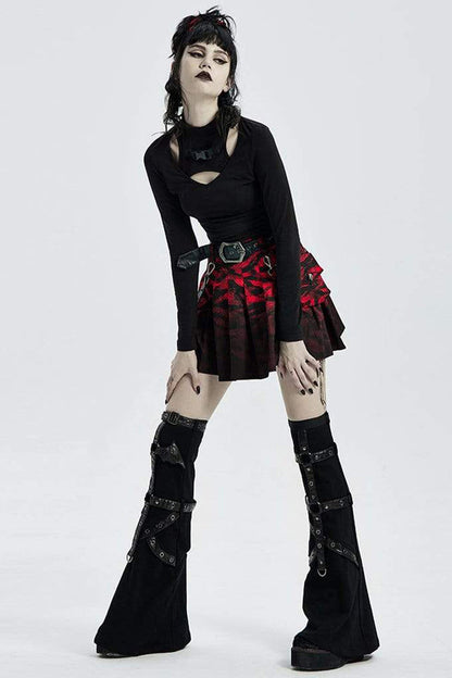 Black Knit High Collar Front Chest Hollow Out Long Sleeve Women's Punk T-Shirt