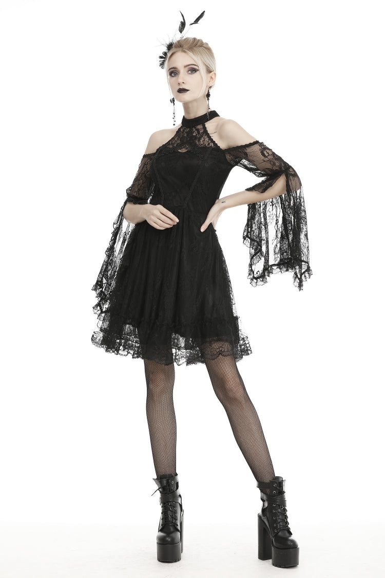 Black Off Shoulder Halterneck Long Sleeves Lace Women's Gothic Dress