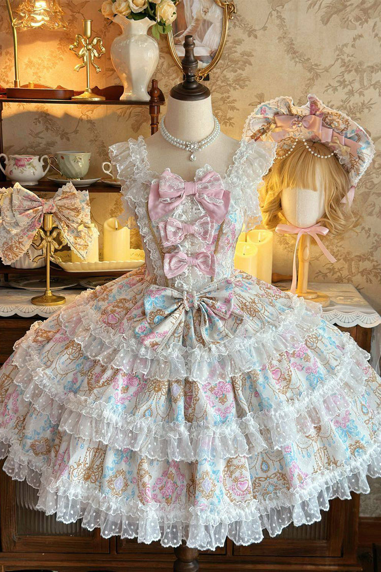 Apricot [Candelabrum Elegy] Sleeveless Triple-Layered Flower Wall Printed Ruffled Bow Lace Sweet Lolita Jsk Dress