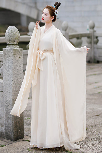 Beige Chang'E Ancient Costume Elegant Wide Sleeves Classic Hanfu Dress