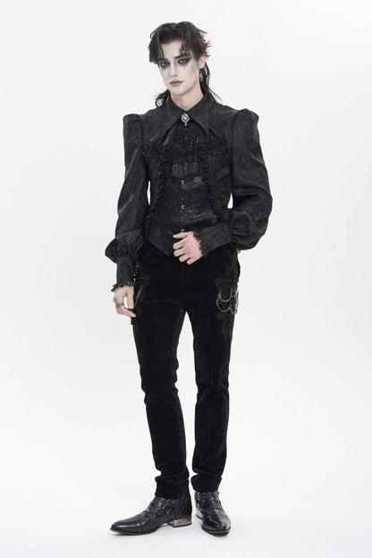 Black Lapel Collar Long Lantern Sleeves Jacquard Embroidered Lace Men's Gothic Palace Swallow-tailed Shirt with Necktie