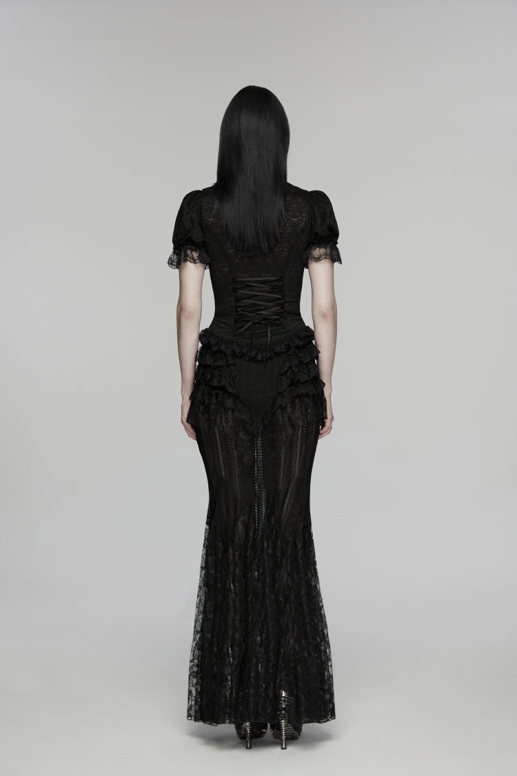 Black Embroidered Spliced Ruffled Lace Slim Mesh Women's Gothic  Mermaid Skirt