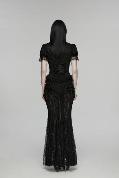 Black Embroidered Spliced Ruffled Lace Slim Mesh Women's Gothic  Mermaid Skirt