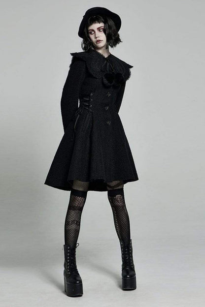 Black Fur Collar Fur Ball Decoration Long Sleeves Rose Button Womens Gothic Coat With Removable Collar