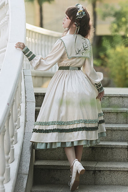 Beige Embroidered Large Lapel Collar Long Sleeves High Waisted Long Sweet Lolita OP Dress