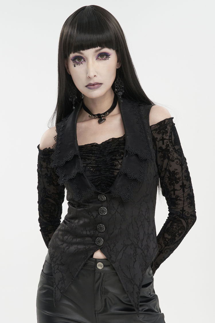 Black Plum Blossom Texture Deep V Back Rope Adjustable Women's Gothic Vest