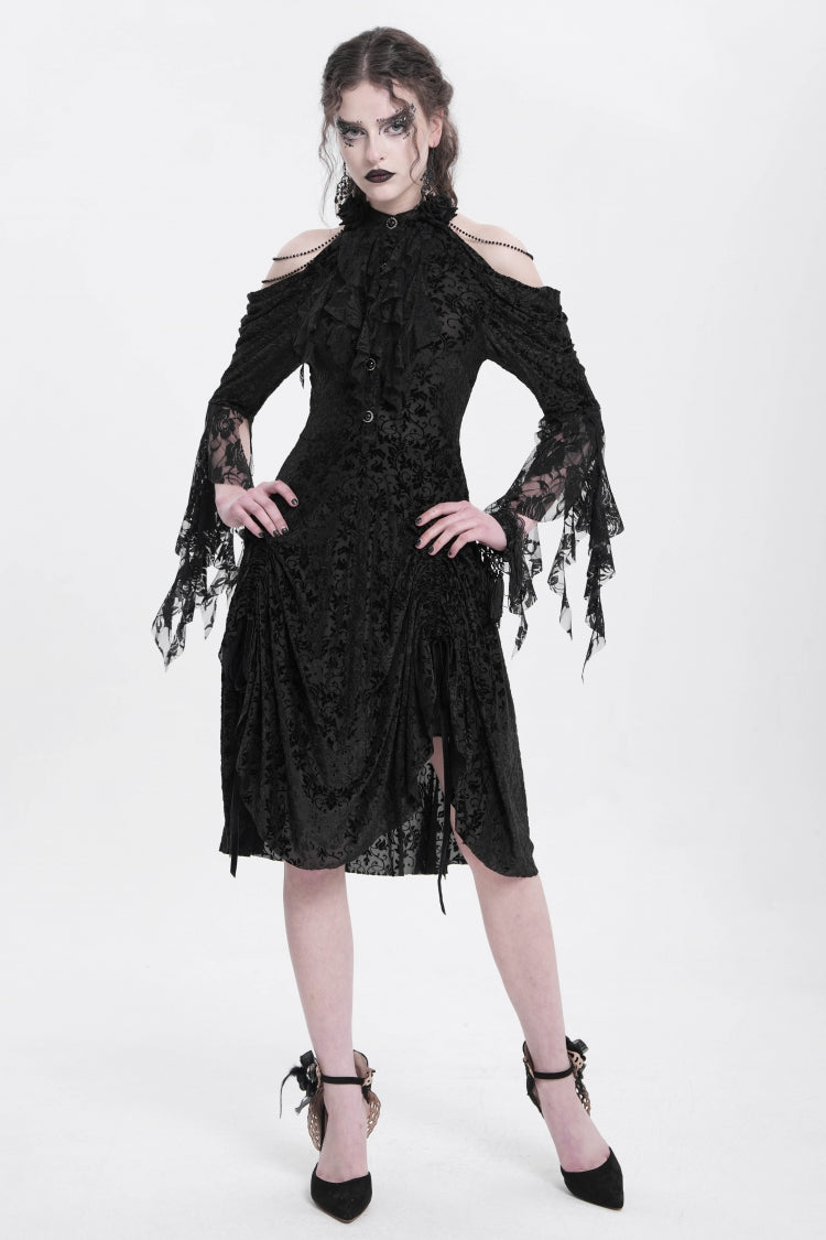 Black Off Shoulder Drawstring Jacquard Embroidery Women's Gothic Party Dress