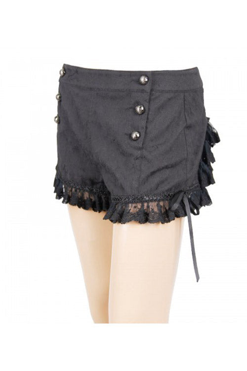 Black Front Double Breasted Buttons Waist Lace Up Frill Lace Hem Gothic Jacquard Short Womens Pants