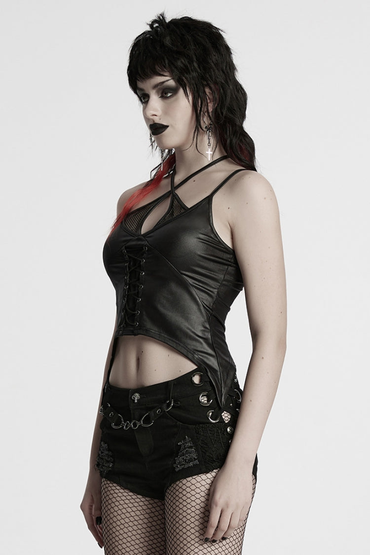 Black Halterneck Sleeveless Lace-Up Plunging Irregular Women's Punk Vest