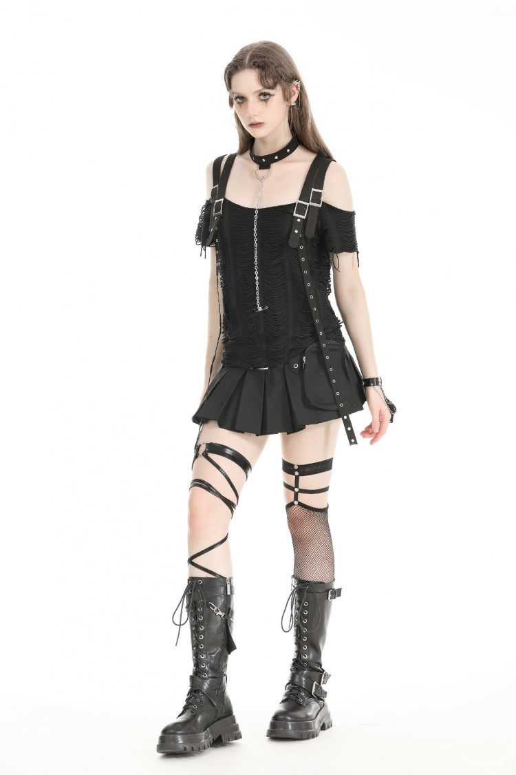 Black Off Shoulder Short Sleeves Ripped Buckled Women's Gothic T-Shirt with Detachable Choker