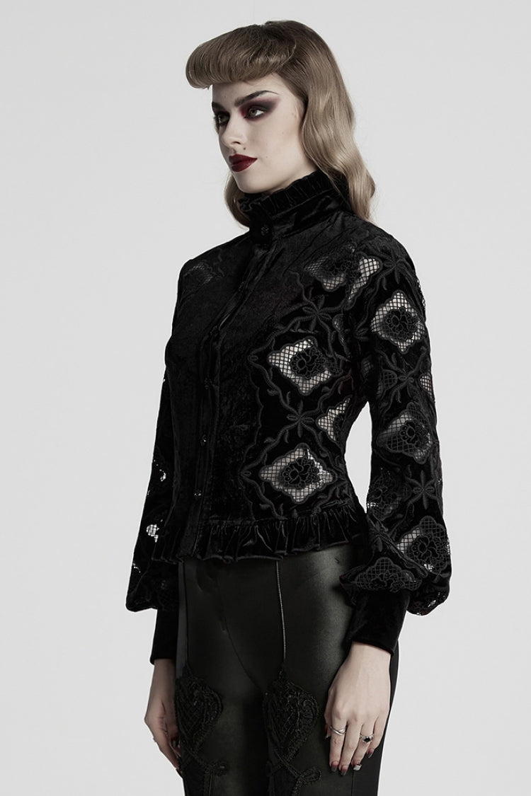 Black Long Sleeves Ruffle Floral Embroidery Women's Gothic Blouse