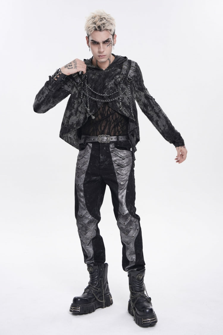 Black Long Sleeves Spliced Hooded Mesh Ripped Faux Two-Piece Zippered Eyelet Men's Punk T-Shirt