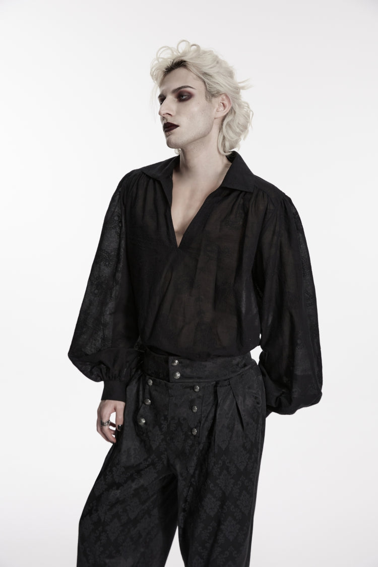 Black Lapel Collar Long Lantern Sleeves Printed Embroidered Men's Gothic Shirt