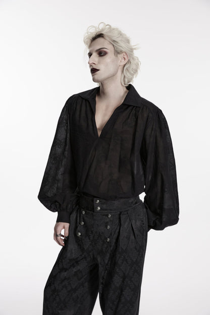 Black Lapel Collar Long Lantern Sleeves Printed Embroidered Men's Gothic Shirt