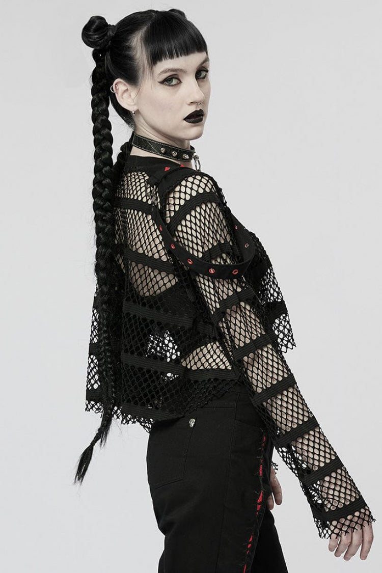 Black Long Sleeves Lace-Up Sheer Mesh Womens Steampunk T-Shirt